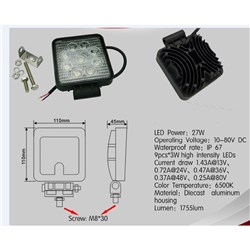 LED Worklight - Square (12-80 Volt - 27W) H = 110mm x W = 100mm