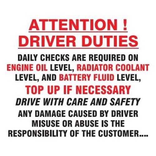 Driver Duties Label (sheet of 10) 100mm x 80mm